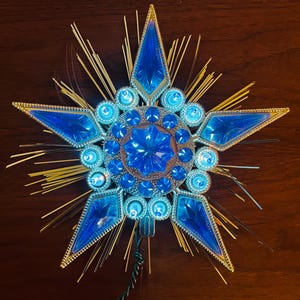 Vintage 1990s Lighted Blue Jewel Star Christmas Tree Topper