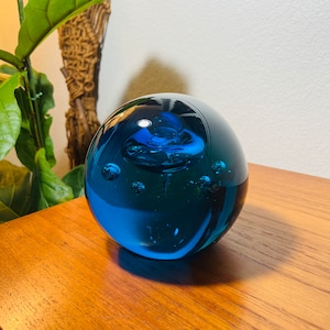 Vintage Murano Glass Blue Bubble Orb Paperweight Decorative Accent