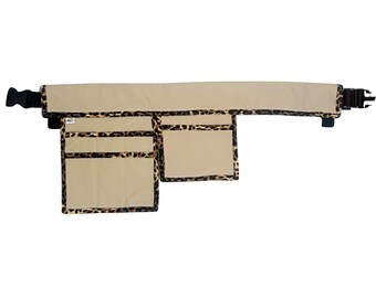 Beige Vegan Leather Utility Belt, 7 Pockets, Leopard Trim Apron