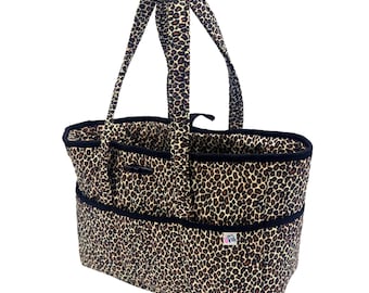 Cheetah Print Canvas Tool Bag, 14 Pocket Organizer Tote, Craft Makeup Garden Caddy