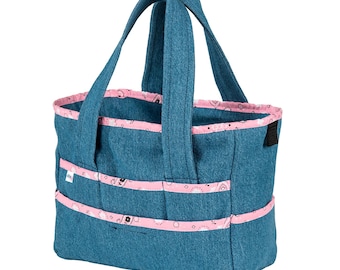 100% Cotton Denim Tool Bag, 16-Pocket Craft Organizer, Pink Gingham Trim