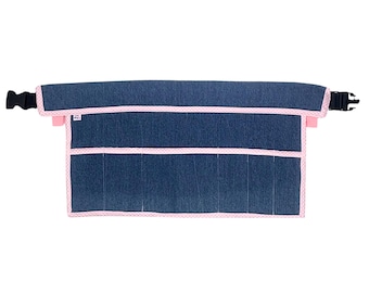 100% Cotton Denim Utility Belt, Pink Gingham Trim, 6-Pocket Work Apron