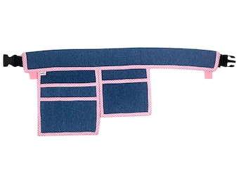 100% Cotton Denim Utility Belt, 7-Pocket Hairstylist Apron, Pink Gingham Trim
