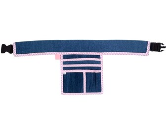 100% Cotton Denim Utility Belt Bag with Pink Gingham Trim, 5 Pockets