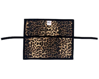 Leopard Print Canvas Roll Up Organizer Pouch, 6 Pocket Tool Bag, Paint Brush Holder