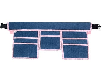 100% Cotton Denim Utility Belt, 13-Pocket Hairstylist Apron, Pink Gingham Trim