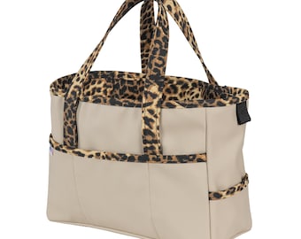Beige Vegan Leather Tool Bag, 14-Pocket Knitting Organizer, Leopard Trim Tote