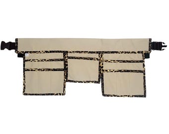 Beige Vegan Leather Utility Belt, 13-Pocket Hairstylist Apron, Leopard Trim