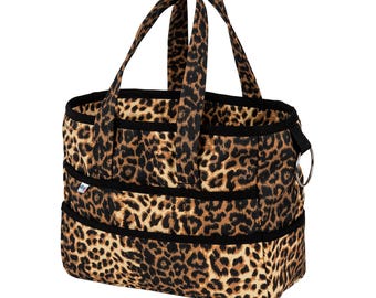 Leopard Print Canvas Tool Bag, 16-Pocket Organizer Tote, Knitting Crochet Craft Bag