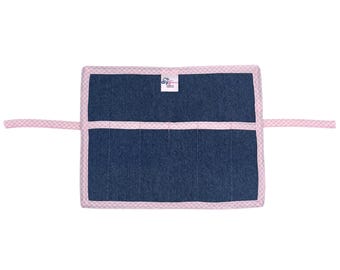 100% Cotton Denim Roll Up Organizer Pouch, Pink Gingham Trim, 6 Pockets