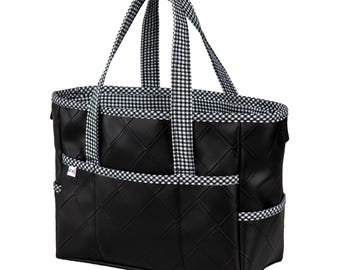 Black Vegan Leather 14-Pocket Tote Bag, Houndstooth Trim, Crafting Organizer