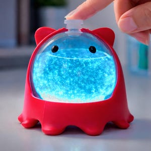 Puede incluir: Un recipiente de silicona rojo con forma de pulpo y una parte superior transparente en forma de cúpula, llena de un líquido azul brillante con pequeñas partículas centelleantes. El objeto tiene dos pequeños ojos negros y una boquilla blanca translúcida.