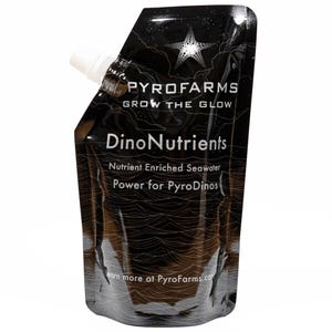 May include: A black pouch with a white spout, labeled "PYROFARMS GROW THE GLOW Dino Nutrients Nutrient Enriched Seawater Power for PyroDinos" and "earn more at PyroFarms.com".