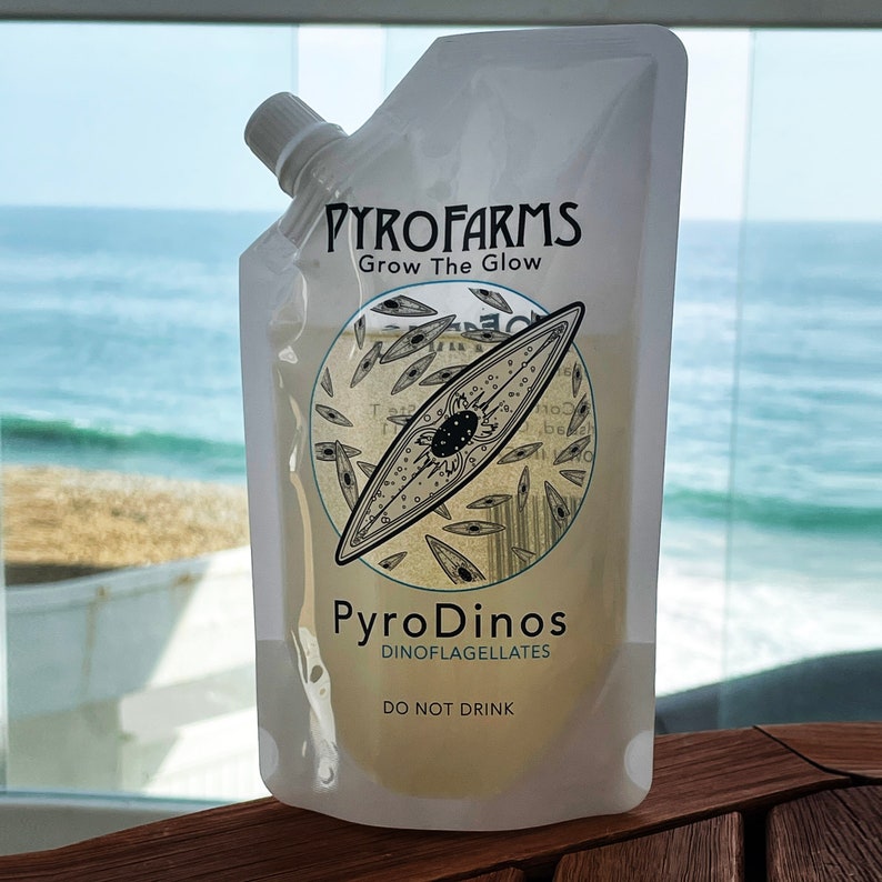One PyroDinos spout pouch filled with dinoflagellates (natural marine micro algae) grown in Carlsbad, California.