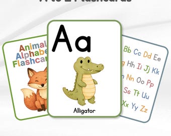 ABC Animal Flash Cards, Pre-k Preschool + Kindergarten Learning, Learning Alphabetic Letters, Watercolor ABC Flashcards, A to Z Flashcards