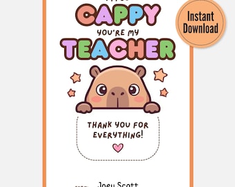 Downloadable Teacher Gift Card Holders, Capybara Lovers Gift, We Appreciate You, Cute Kawaii Capybara, Teacher Thanks, Easy Gift Teacher