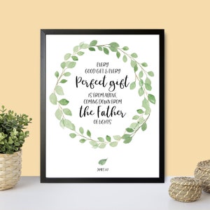 Every Good and Perfect Gift | Bible Verse Wall Art | Watercolor Wreath | Botanical Print