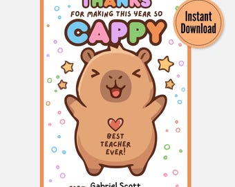 Downloadable Teacher Gift Card Holders, Capybara Lovers Gift, We Appreciate You, Cute Kawaii Capybara, Teacher Thanks, Easy Gift Teacher