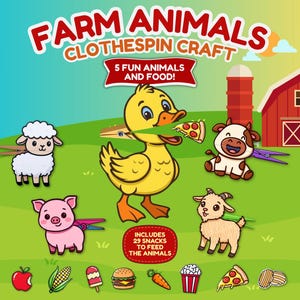 Può includere: Un kit per il fai da te Farm Animals Clothespin Craft con un'anatra gialla, una pecora bianca, una mucca marrone e bianca, un maiale rosa e una capra beige. Il set include 29 snack per nutrire gli animali, come una mela, mais, un gelato, un hamburger, una carota, popcorn e pizza.