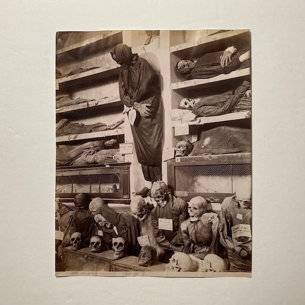 Rare 1880-90 sepia toned albumen print, "The Catacombs of Palermo" bodies of monks on display.