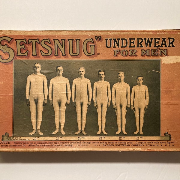 Vintage "SETSNUG" Underwear for Men. Ribbed men's union suit box, early 1900's by Avalon Knitwear Company, Utica, New York.