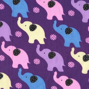 May include: Purple fabric with a repeating pattern of colorful elephants. The elephants are in shades of pink, blue, yellow, and purple. Each elephant has a black dot on its head.