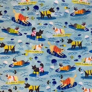 Dog Fabric: Surfing Dogs on Blue Cotton Flannel