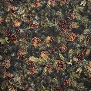 May include: A detailed pattern featuring pine cones and evergreen branches. The design showcases various shades of green, brown, and touches of yellow. The image has a natural, rustic aesthetic, suitable for holiday or nature-themed projects.