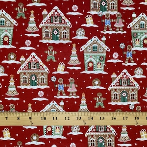 Gingerbread Christmas Fabric house red cotton quilt sewing craft fabric
