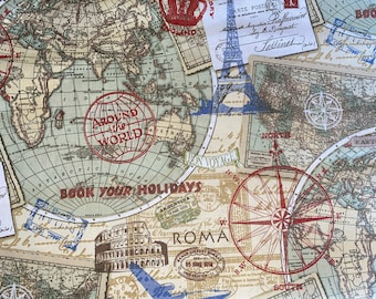 World Map travel cotton quilting crafting sewing fabric