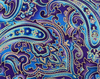 Blue and Purple Metallic gold Paisley cotton fabric