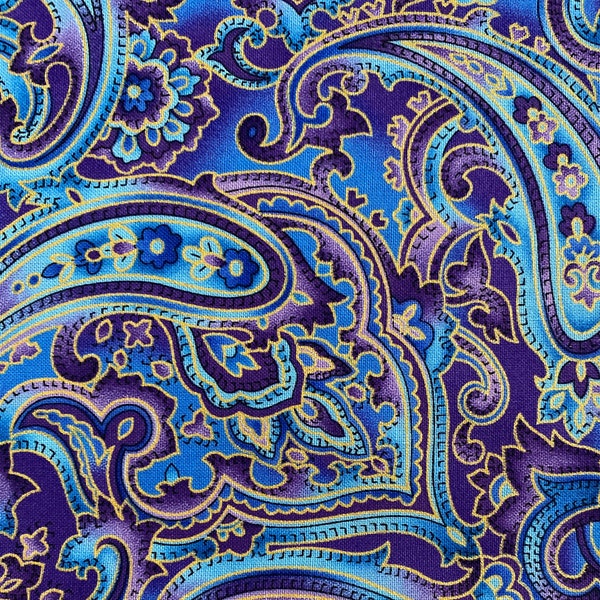 Blue and Purple Metallic gold Paisley cotton fabric