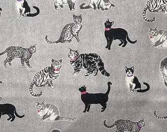 Cat Print Fabric, Gray Cotton Duck Cloth