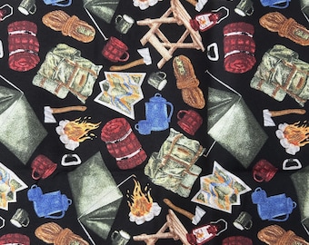 Camping Fabric: Outdoors Black Cotton Print, 42" Wide
