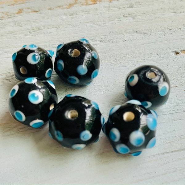 6pc Lampwork Glass Beads - Noir w / Blue Bumpy Polka Dots