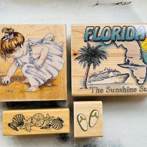 Florida Rubber Stamp - Shell stamp- Girl at the Ocean - Sea Shells -Flip Flops Stamp Sunshine State - card making- ocean theme- beach card