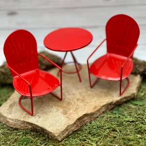 Dollhouse Patio Furniture Fairy Garden Metal Bistro mini fire pit terrarium birthday cake topper back porch beach lake RV camping table red