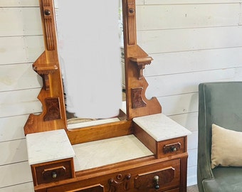 Vintage Victorian Eastlake Marble Top Wood Dresser with Ornate Mirror- Antique Dresser with Mirror - Wood Foyer Dresser -