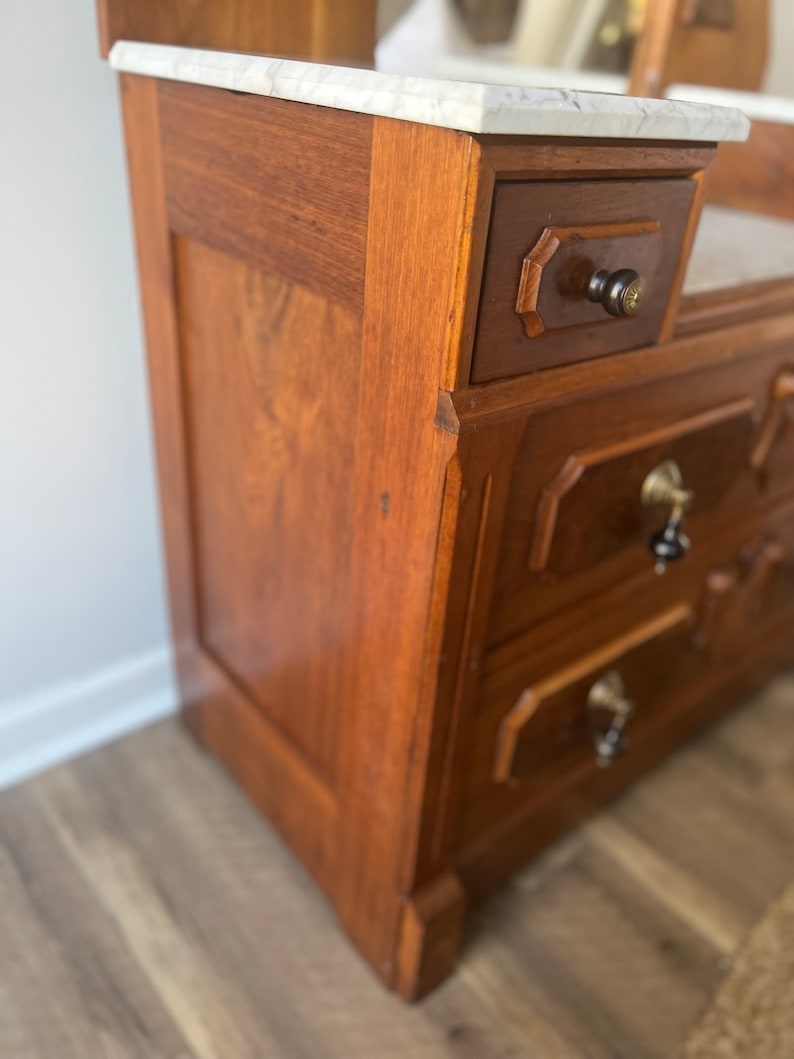 Vintage Victorian Eastlake Marble Top Wood Dresser With Ornate Etsy