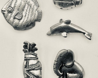 Vintage Dan Forth Pewter Buttons for Jewelry-Crafts-Sewing-Fish Ocean- Dolphin Golf-Ladybug - Baby Elephant- bead bracelet end- hobby charm