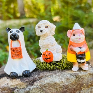 Halloween Fairy Garden Miniature Mouse in Costume dress up party Mummy Dog Decor for cake topper tray decor trick or treat candy ghost puppy
