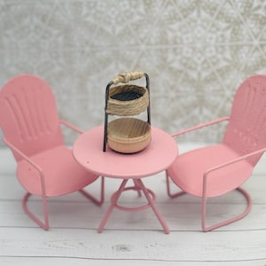 Dollhouse mini Metal Bistro Chairs & Table front porch terrarium girl cake topper housewarming fairy garden gift tea set maileg mouse pink