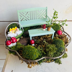 Fairy Wood Miniature Bench Mini Garden Furniture wood mini  dollhouse table mini patio planter terrarium tray decor cake topper mothers day