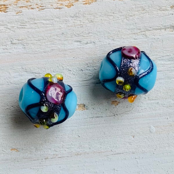 Bright Baby Blue Oval Lamp Work Beads - set of 2