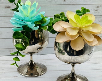 Silver Vintage wine goblets for wedding decor-centerpiece for flowers- tray decor-container for moss- succulent holder -goth party-set of 2