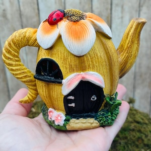 Fairy Garden Tea Pot House miniature pink flower cake topper tea party birthday ideas garden terrarium outdoor woodland forest gift girl