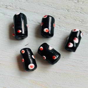 Lamp work Glass Beads Black Red Bumpy Polka Dots craft supplies beads for jewelry making charms earrings sewing projects school colors 5 pc