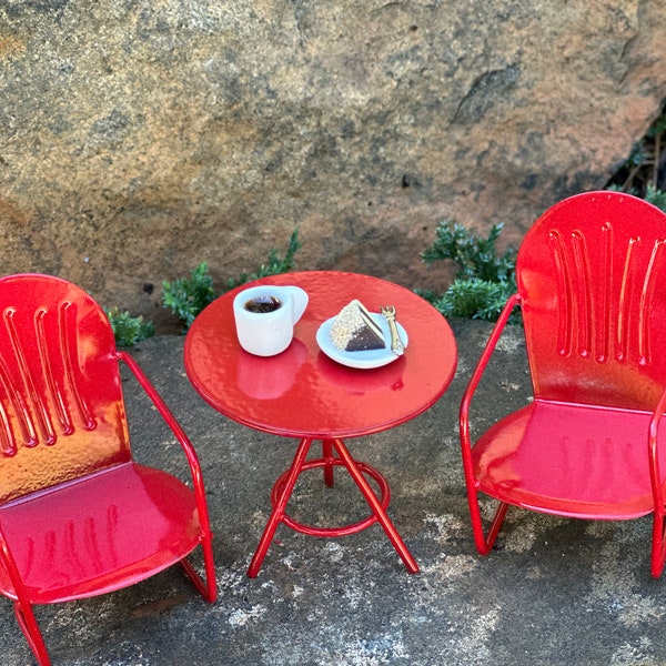 Fairy Garden Metal Furniture  1:12 Scale / Fairy Bistro Set / Fairy Outdoor Chairs and Table / Red Metal Miniature Chair / dollhouse patio
