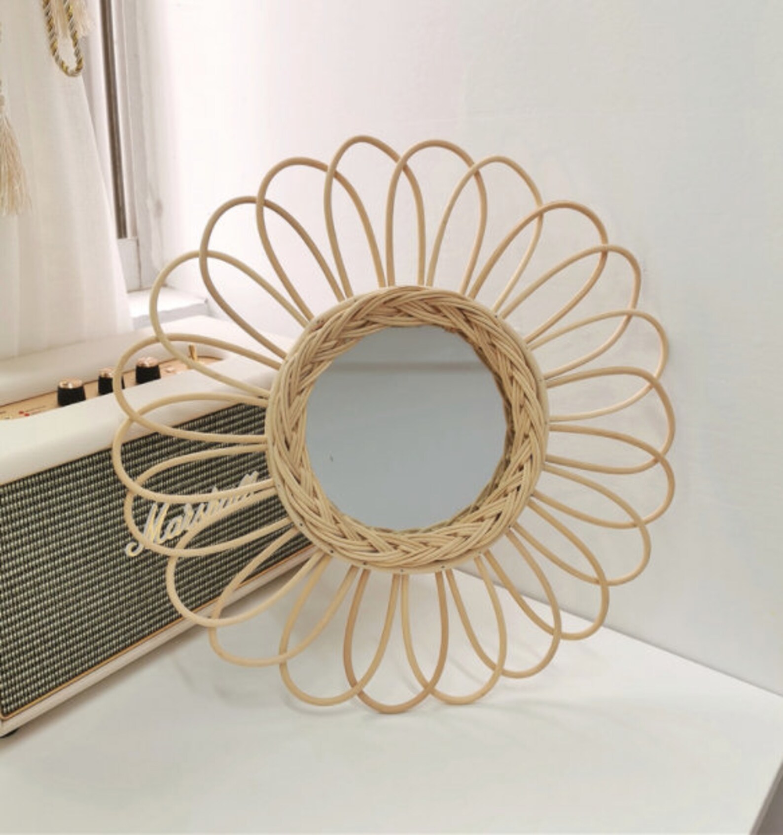 Rattan Wall Mirror Sun Flower Mirror Handmade Woven Mirror Etsy