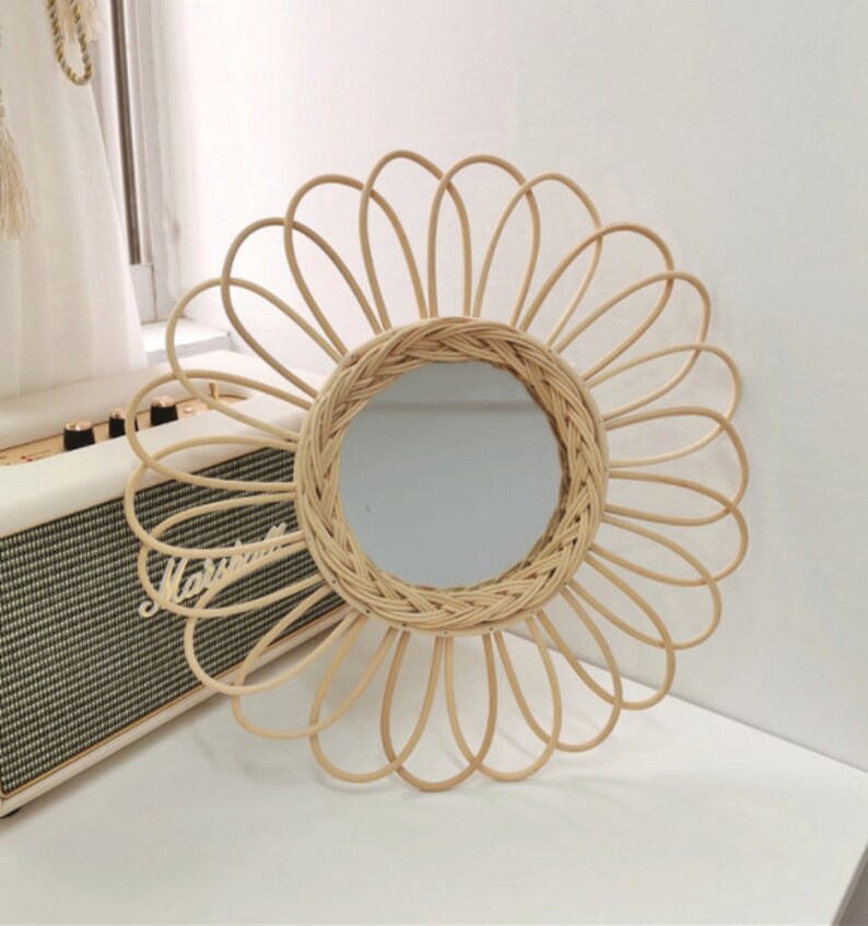 Rattan Wall Mirror Sun Flower Mirror Handmade Woven Mirror Etsy